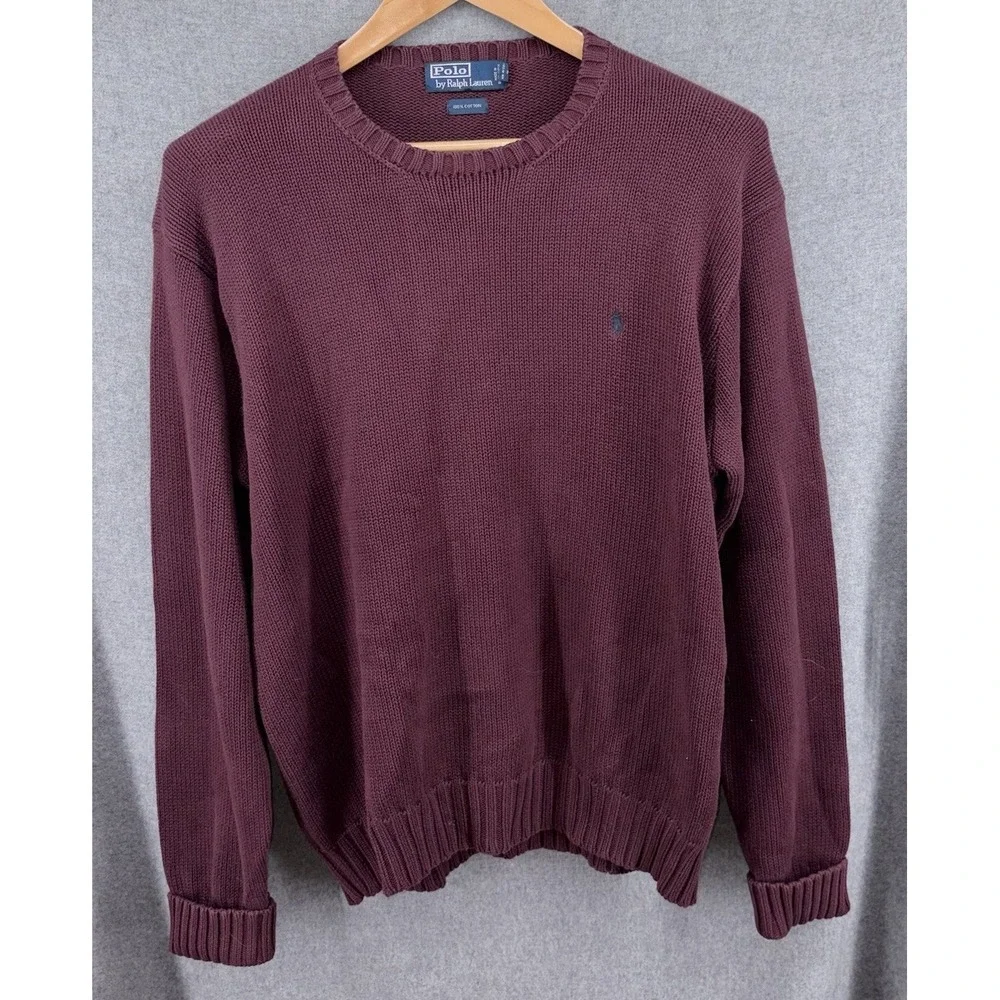 Vtg Polo Ralph Lauren Sweater Large Burgundy Knit Ribbed Fisherman Crewneck 90s